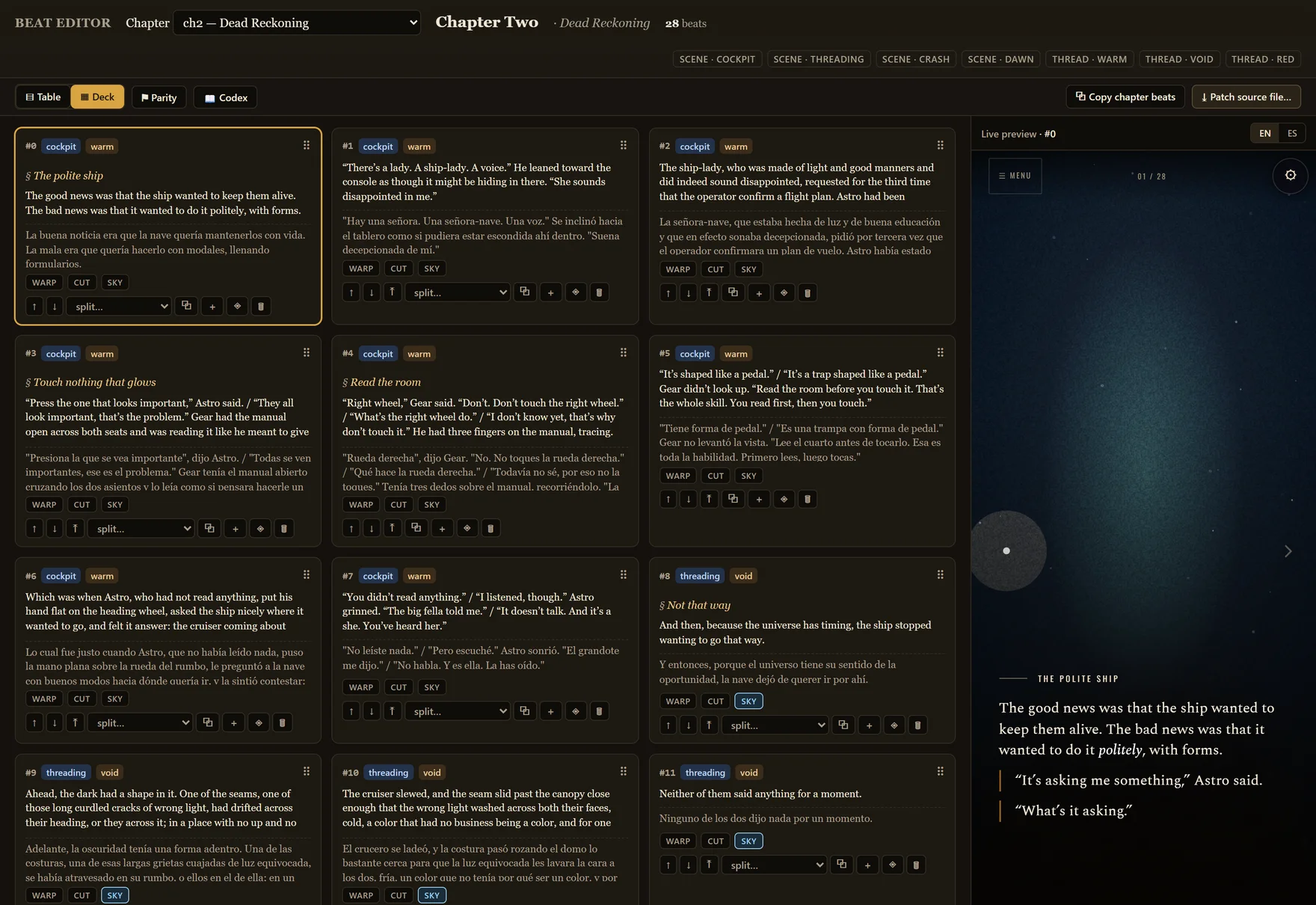 Beatbound: un capítulo como fichas de beat, con etiquetas de escena e hilo