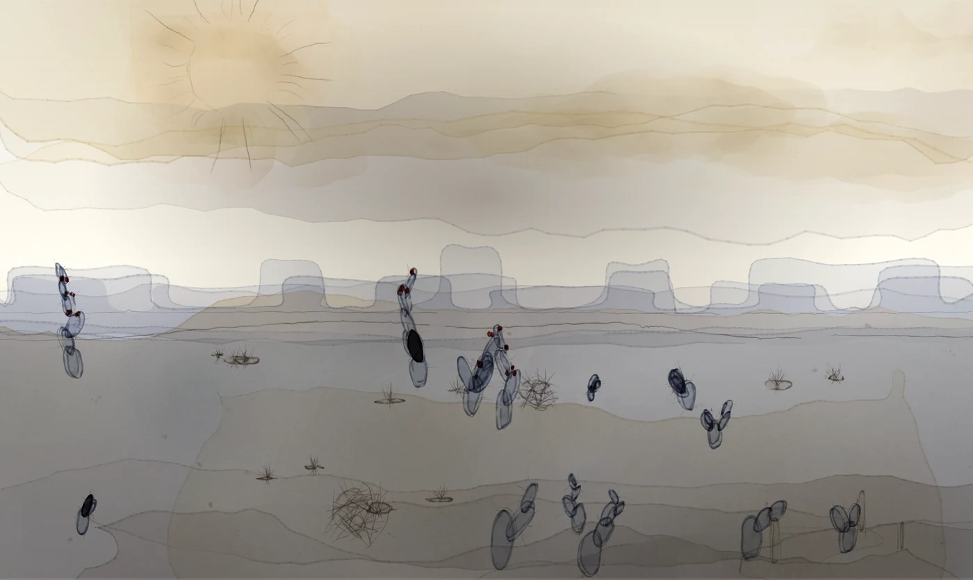 La portada pintada del lector: un desierto a tinta y aguada con nopales y mesas